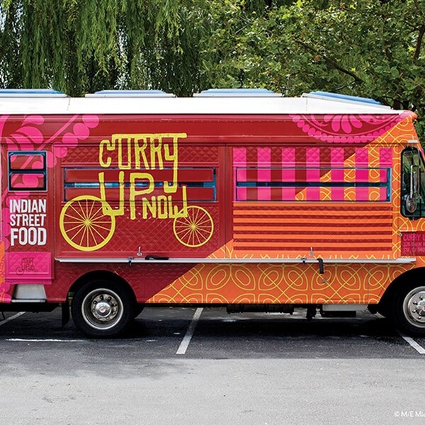 Curry up now restaurant food mobile food truck wrap design blog
